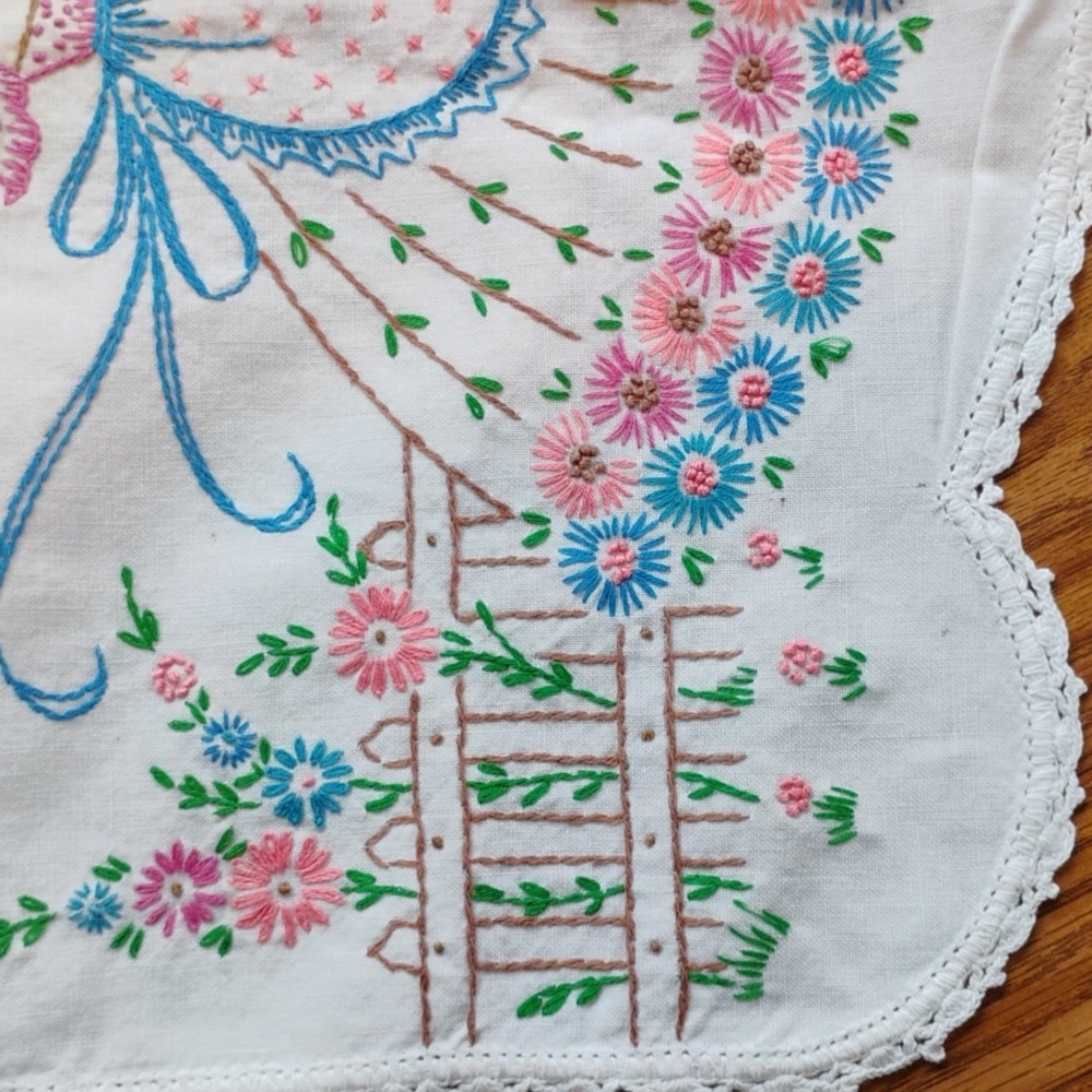 🌺 DOILY BEAUTIFULBELLE in GARDEN EMBROIDERED Vintage COTTON 16 X 40 - Picture 2 of 16